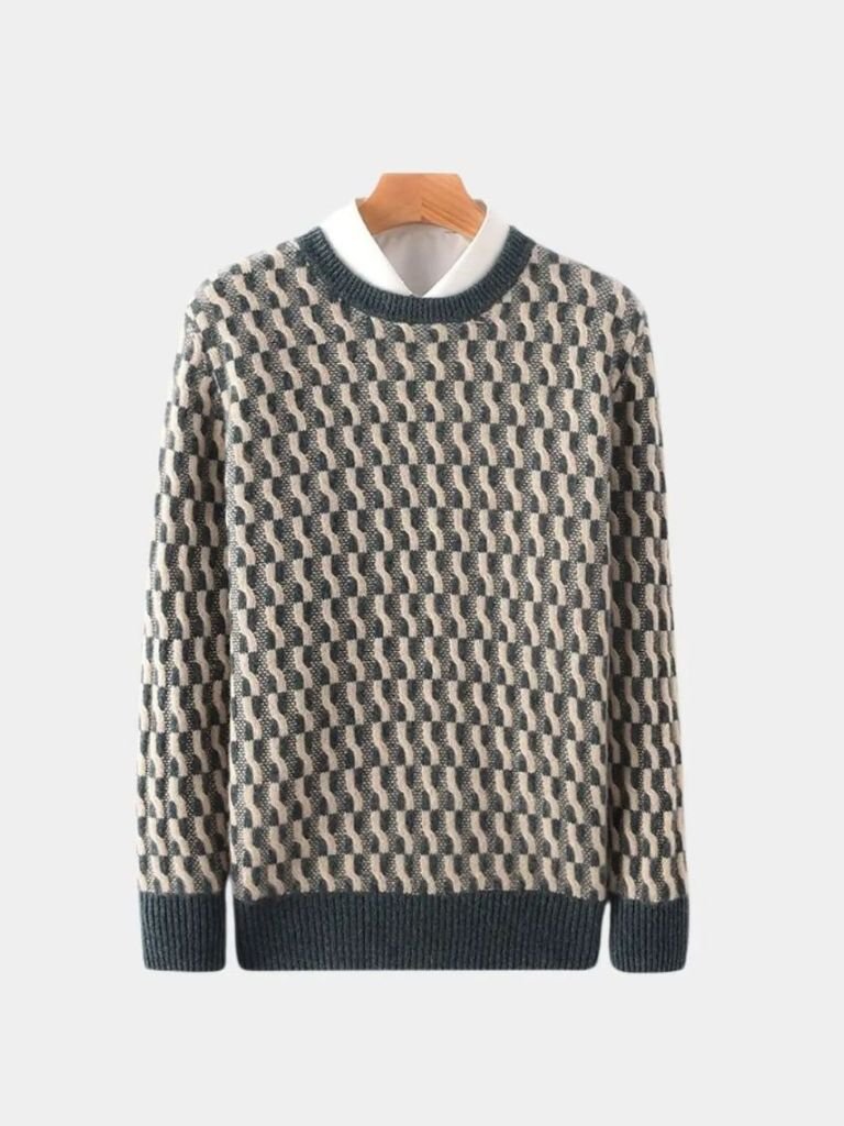 100% Wool Geometric Crew Neck Pullover Sweater - Vailor & Veil