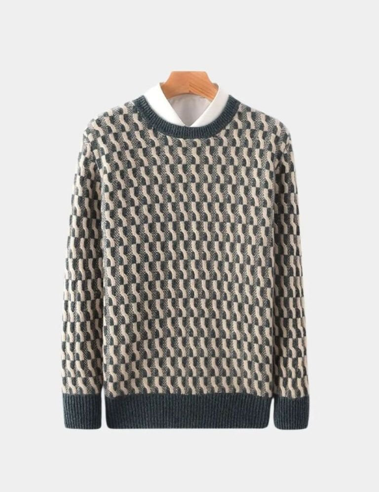 100% Wool Geometric Crew Neck Pullover Sweater - Vailor & Veil