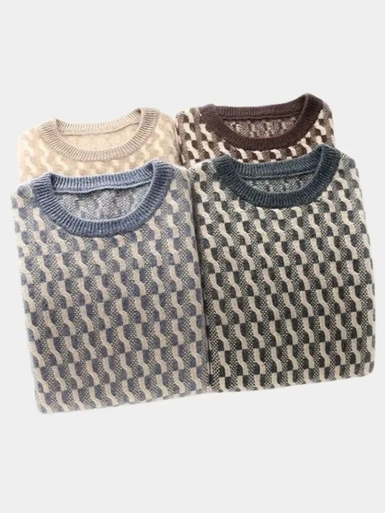100% Wool Geometric Crew Neck Pullover Sweater - Vailor & Veil